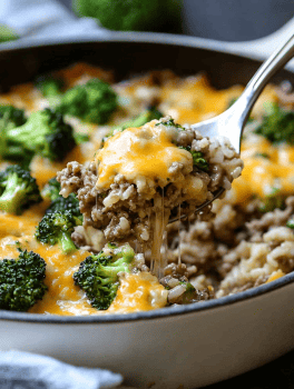 Cheesy Beef Broccoli and Rice Skillet