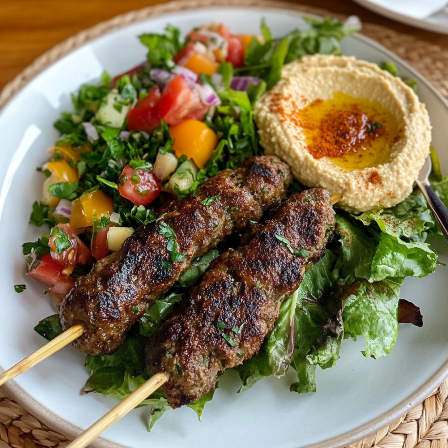 Lamb Kofta with Fattoush Salad and Hummus
