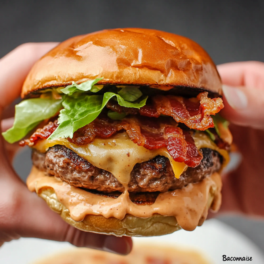 Smashed Beef and Bacon Burgers with “Baconnaise”