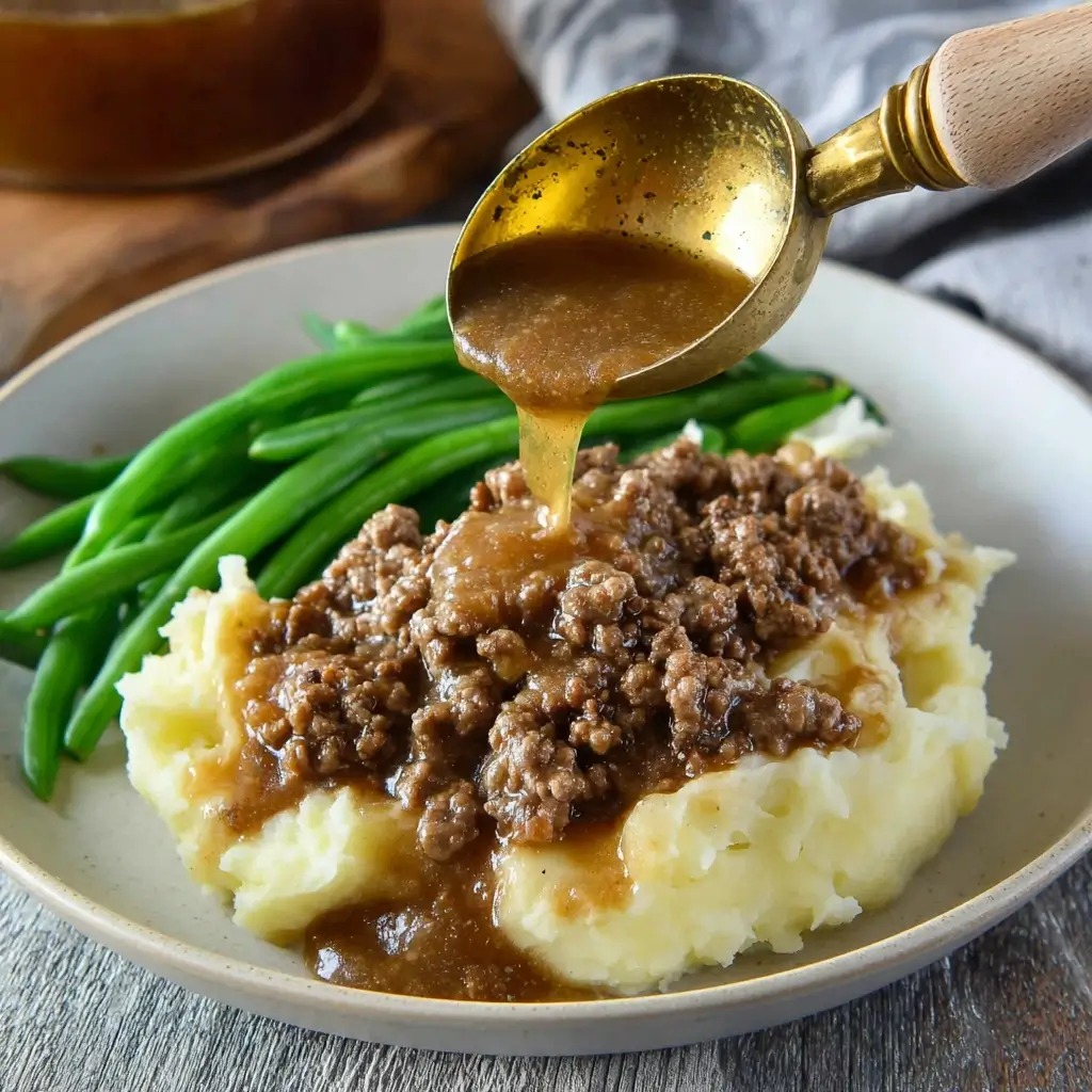 Ground Beef and Gravy Over Mashed Potatoes