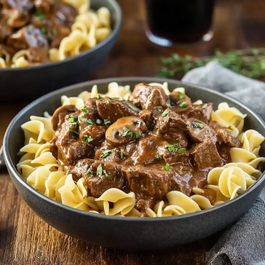 Hearty Crockpot Beef Tips and Noodles