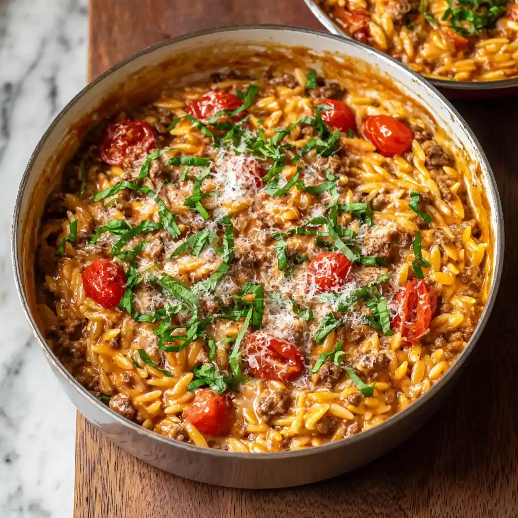 One Pot Ground Beef Orzo with Creamy Tomato Sauce