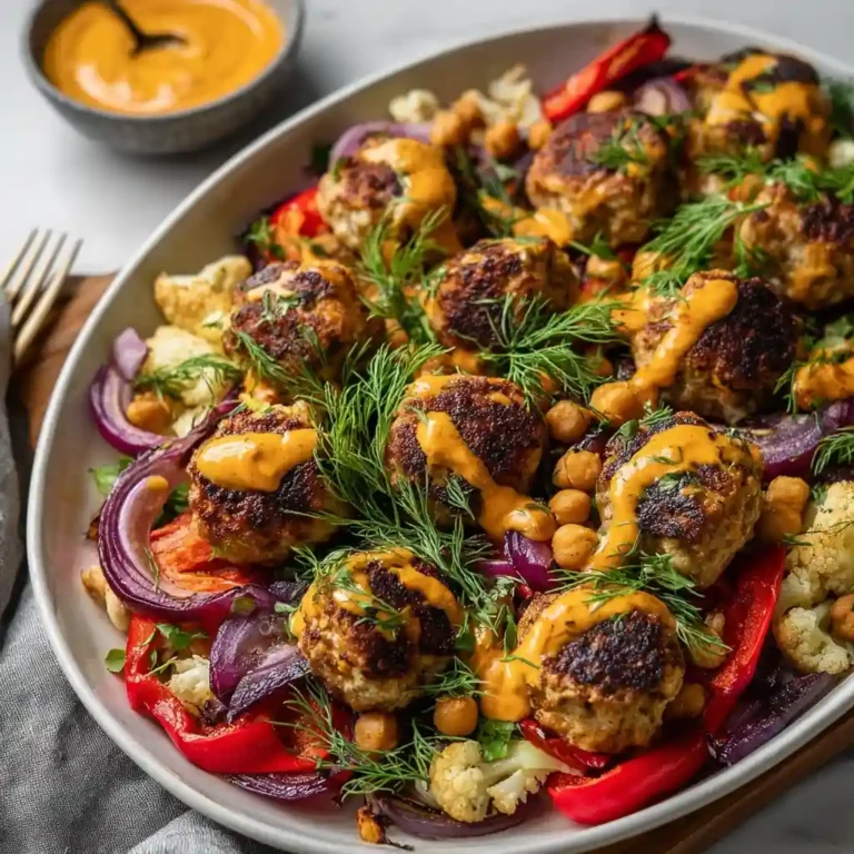 Sheet Pan Harissa Chicken Meatballs with Cauliflower and Chickpeas