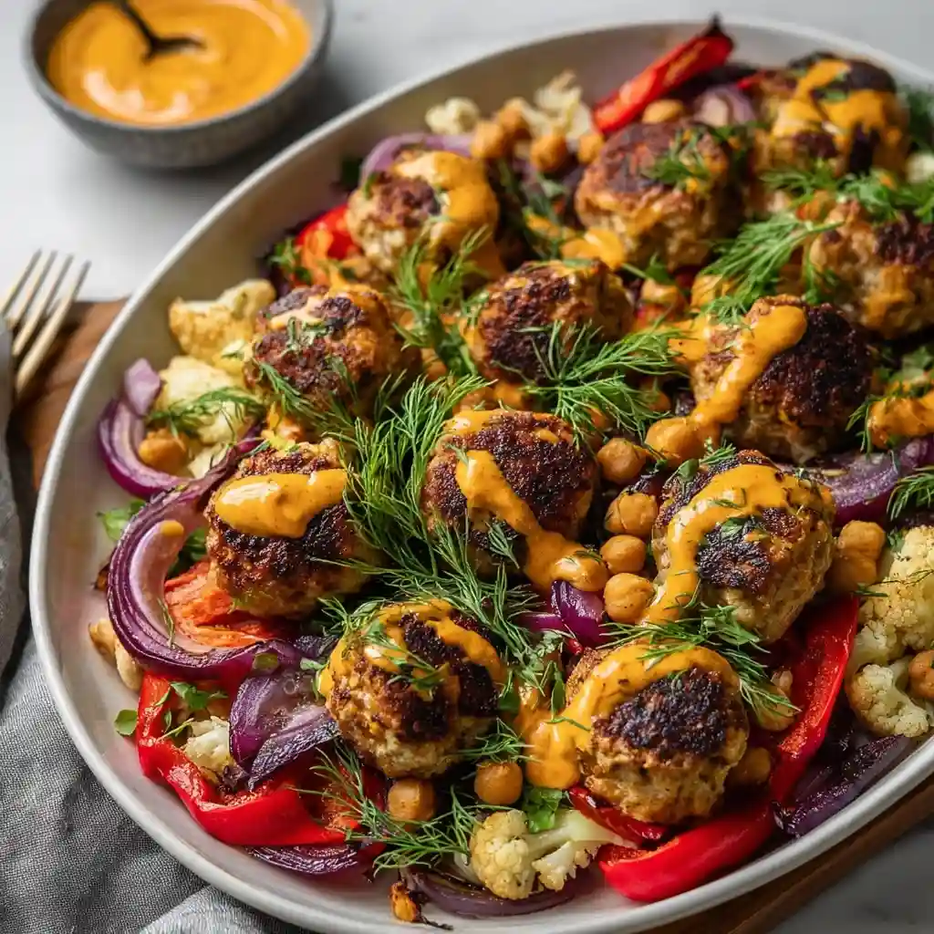 Sheet Pan Harissa Chicken Meatballs with Cauliflower and Chickpeas