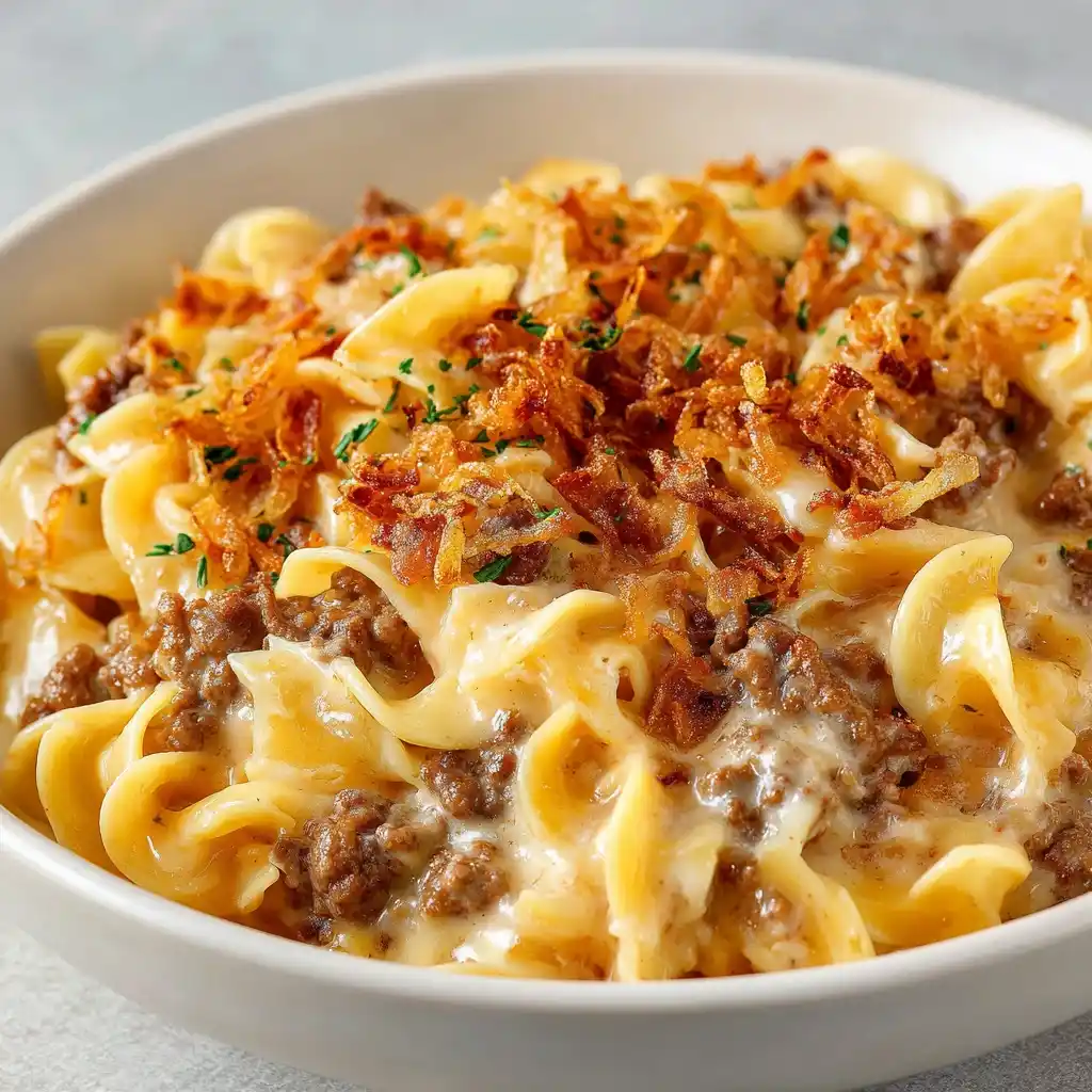 Cheesy Beef Noodle Casserole Recipe Crispy French Onion Topping Ideas Best Beef And Noodle Casserole Recipes Homemade Chee...