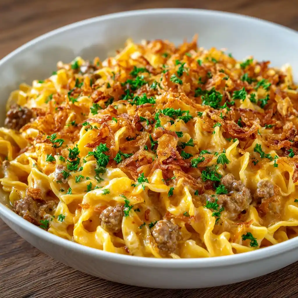 Cheesy Beef Noodle Casserole Recipe Crispy French Onion Topping Ideas Best Beef And Noodle Casserole Recipes Homemade Chee...