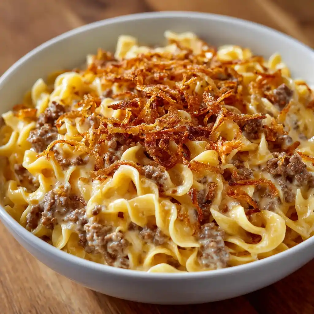 Cheesy Beef Noodle Casserole Recipe Crispy French Onion Topping Ideas Best Beef And Noodle Casserole Recipes Homemade Chee...