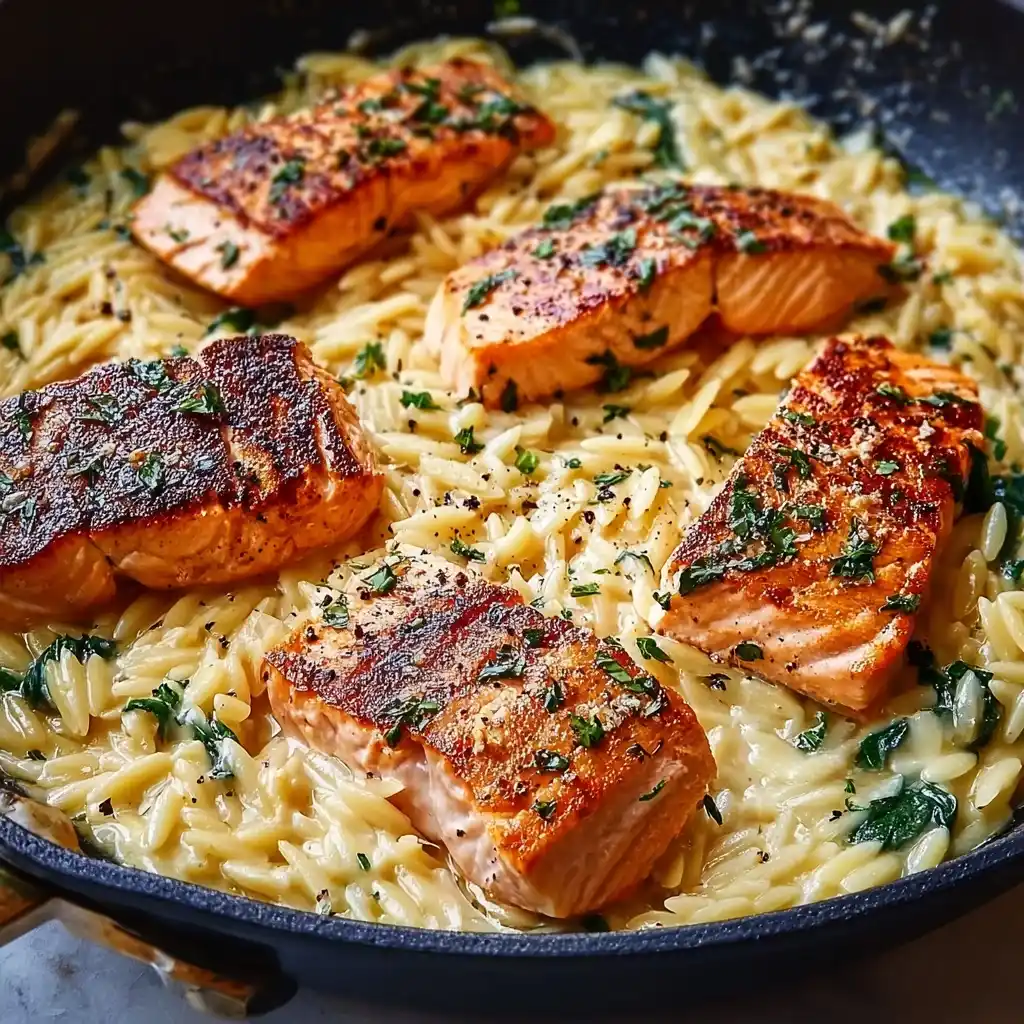Creamy Lemon Orzo & Seared Salmon