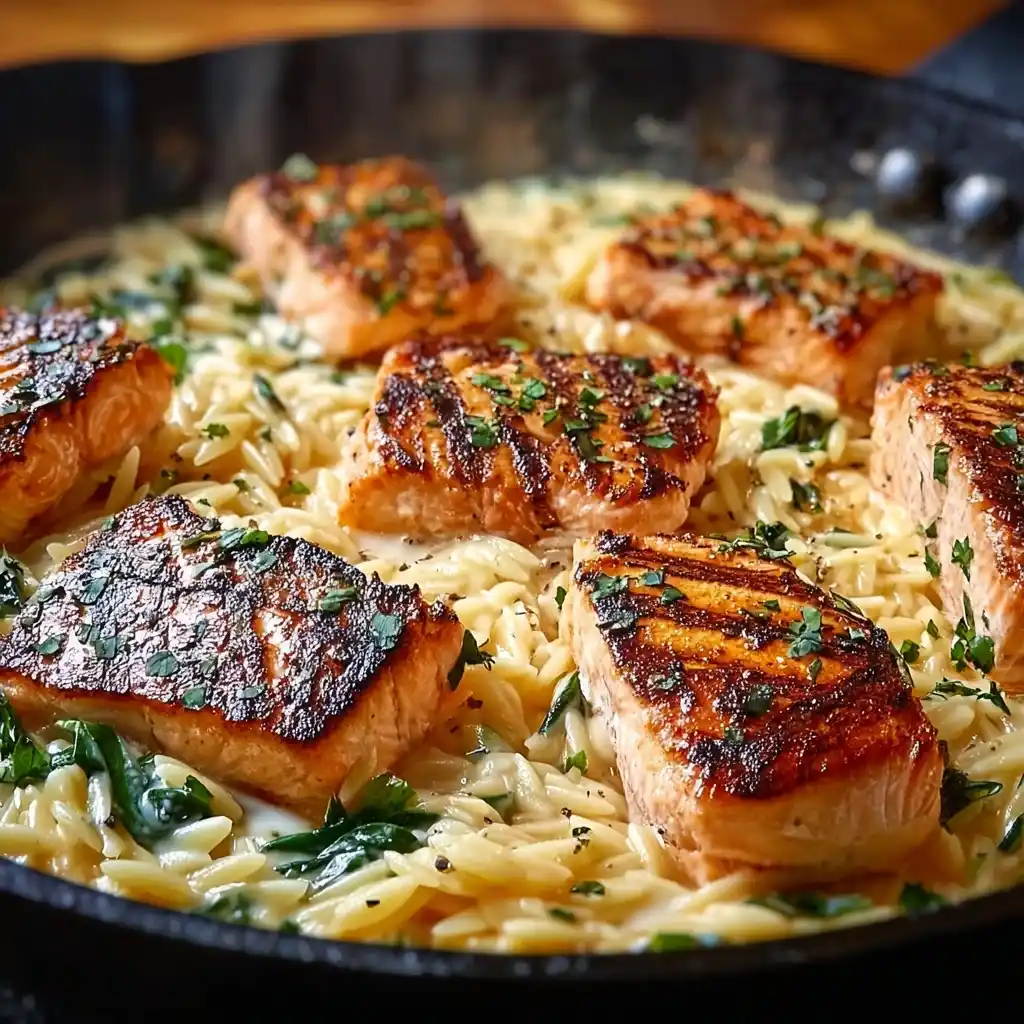 Creamy Lemon Orzo & Seared Salmon