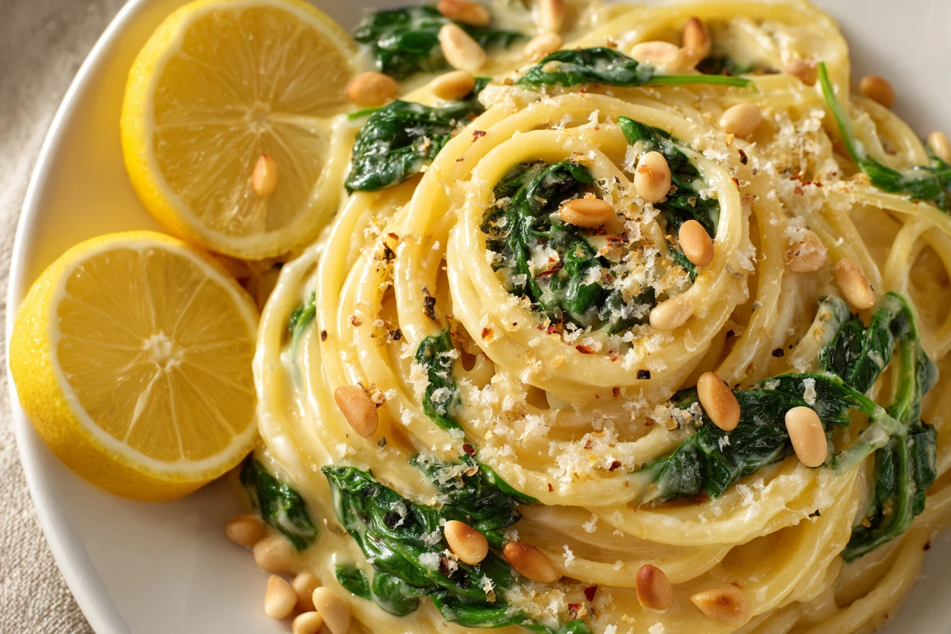Creamy Lemon Ricotta Pasta with Spinach and Toasted Pine Nuts