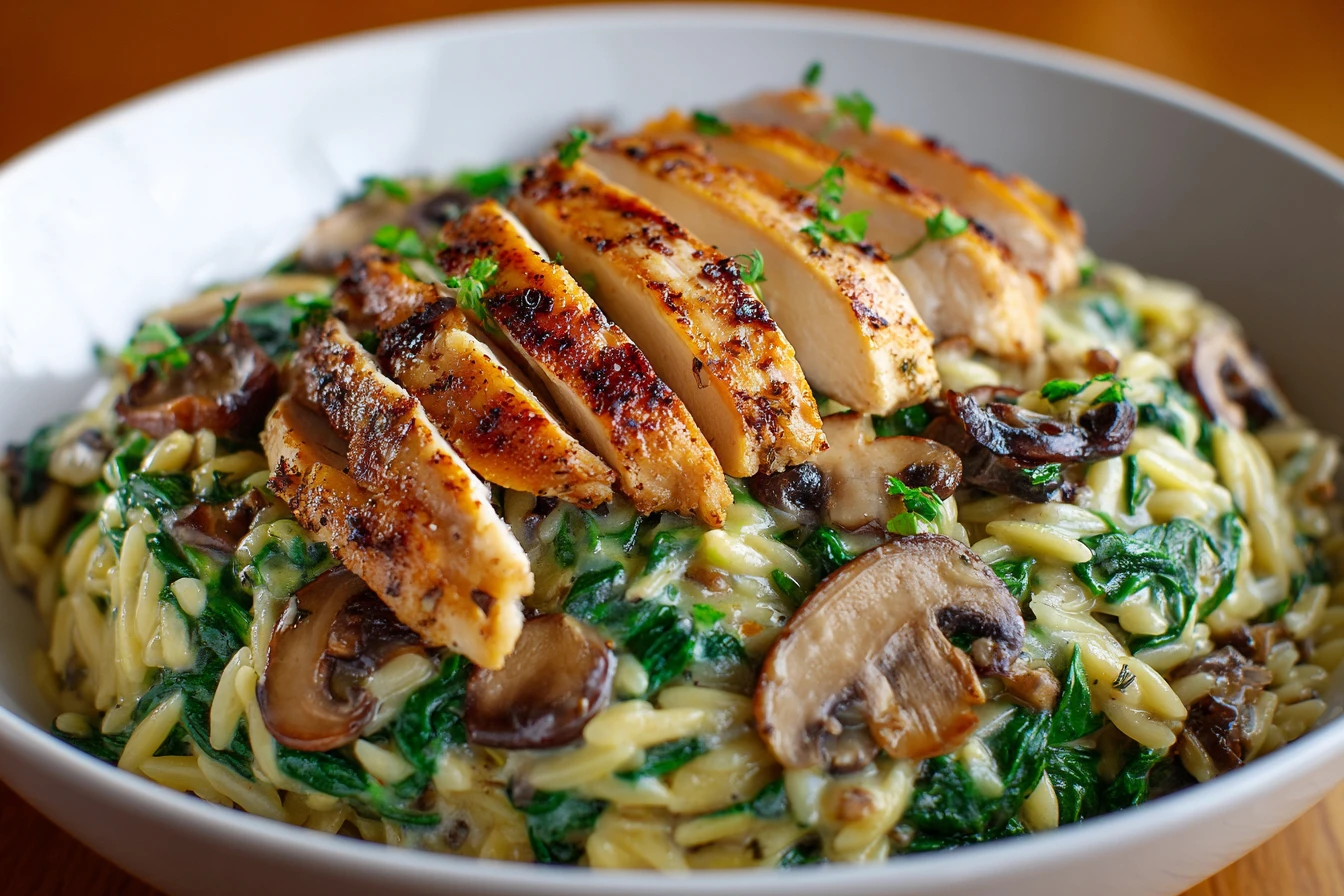 One-Pan Creamy Spinach Mushroom Orzo with Chicken