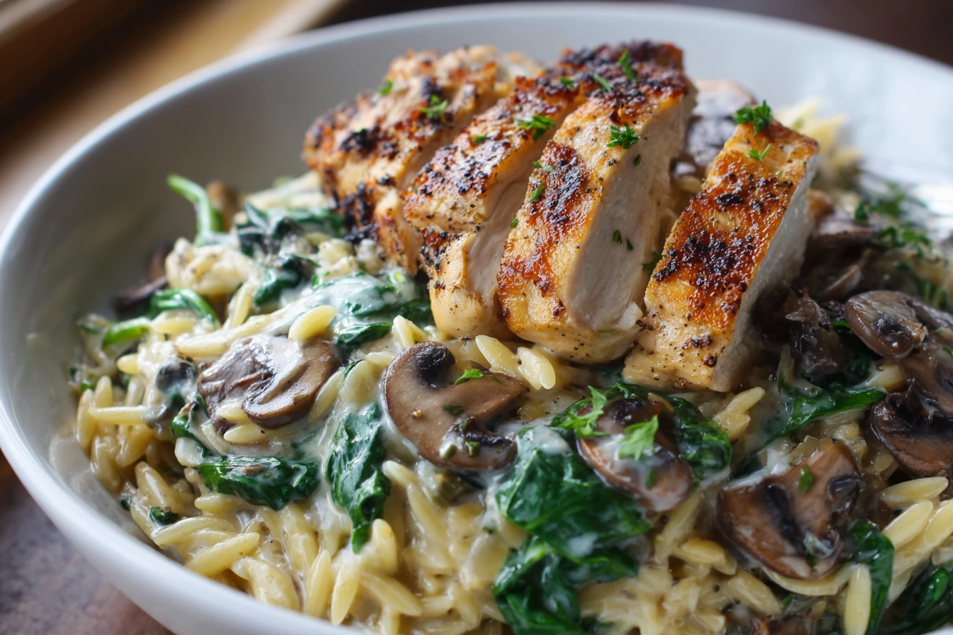 One-pan Creamy Spinach Mushroom Orzo Recipe Easy Spinach Mushroom Chicken Orzo Best Creamy Orzo With Chicken Skillet How T...