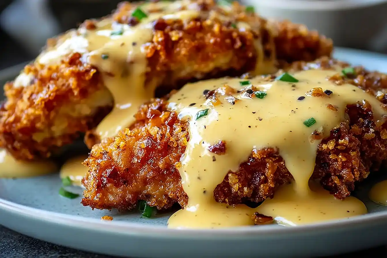 Crispy Pretzel Chicken And Creamy Mustard Cheddar Sauce