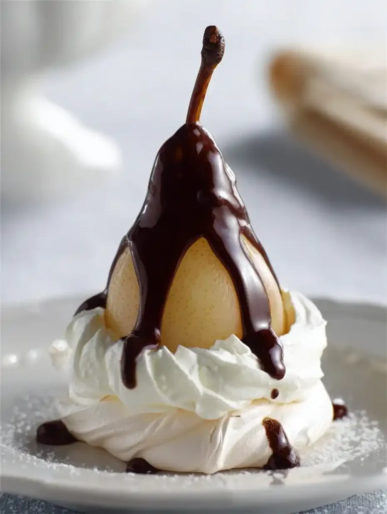Pear And chocolate mini Pavlovas