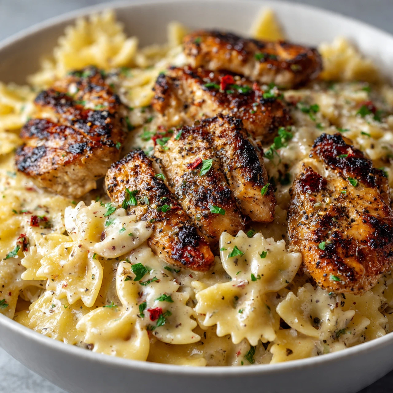 Mozzarella Garlic Butter Chicken Bowties in Cheesy Cream Delight