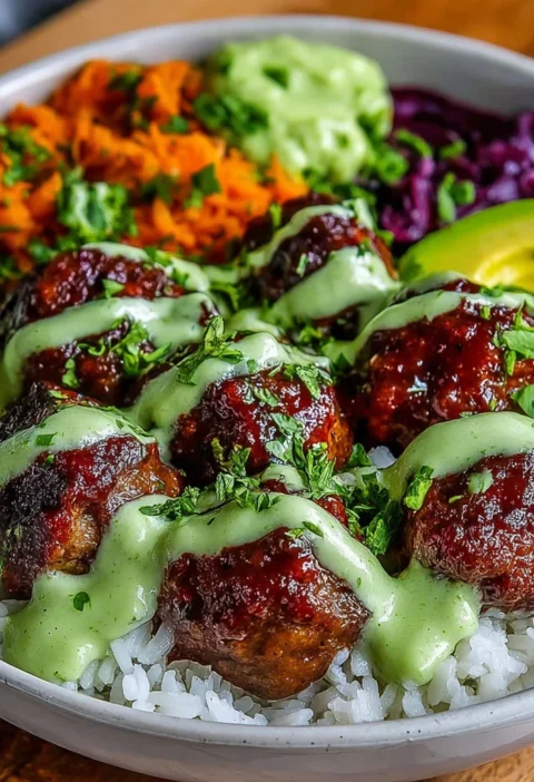 Barbecue Meatball Bowls Avocado Goddess Sauce