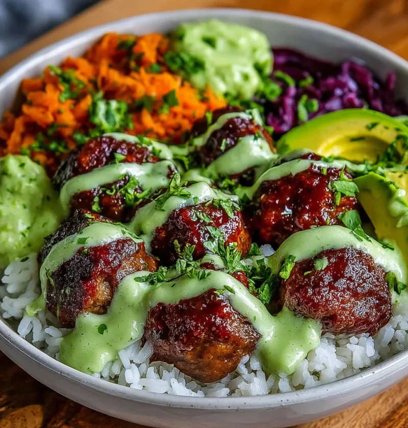 Barbecue Meatball Bowls Avocado Goddess Sauce