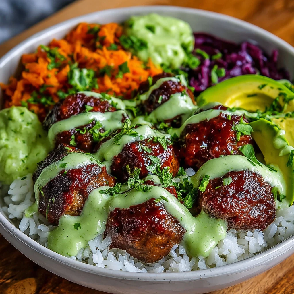 Barbecue Meatball Bowls with Avocado Goddess Sauce