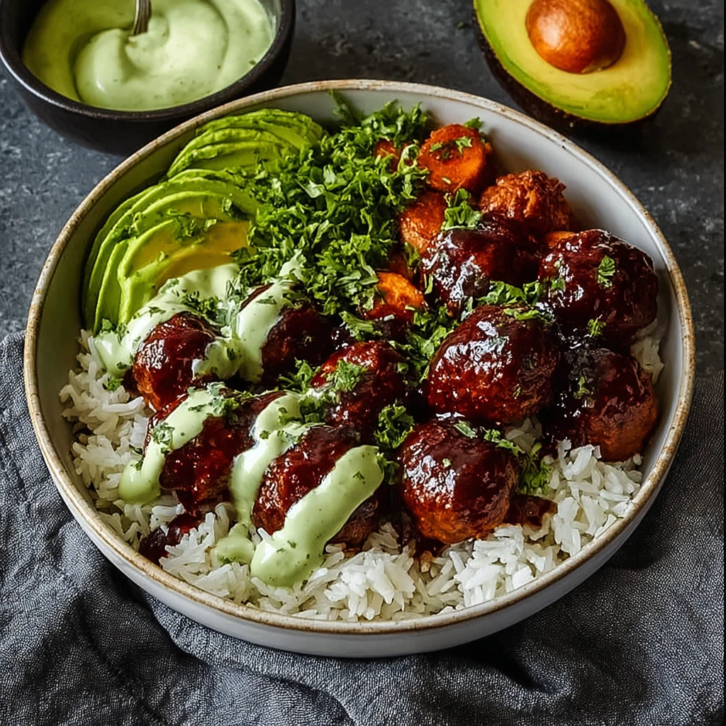 Barbecue Meatball Bowls Avocado Goddess Sauce