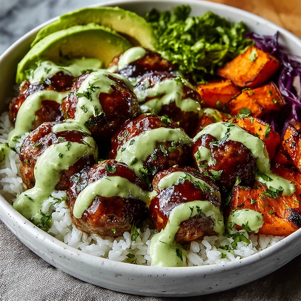 Barbecue Meatball Bowls Avocado Goddess Sauce