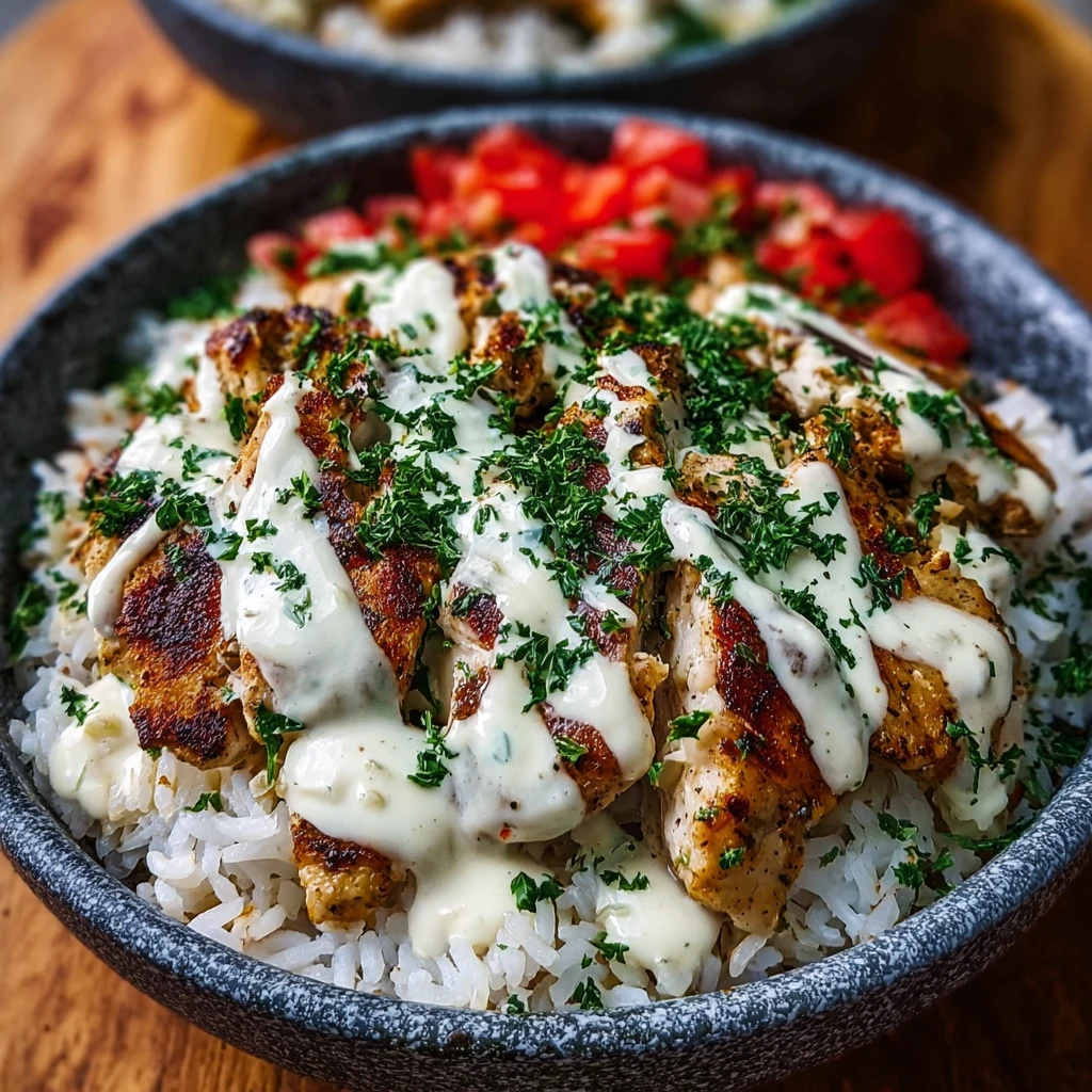 Chicken And Rice Bowls with Creamy Garlic Sauce