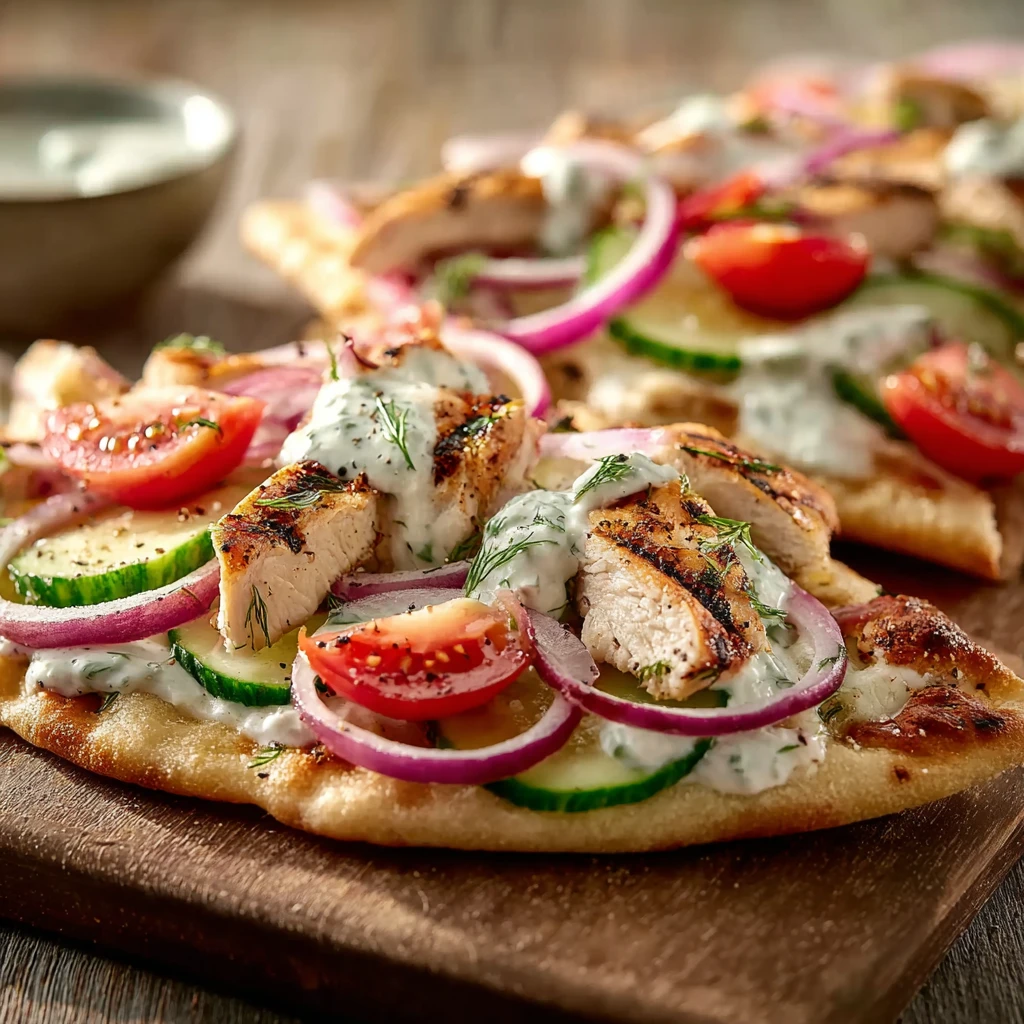 Creamy Greek Chicken Flatbread with Tzatziki, Cucumbers, Tomatoes & Red Onion