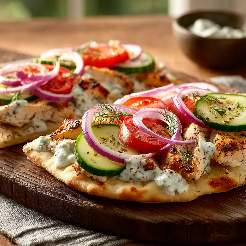 Creamy Greek Chicken Flatbread Tzatziki Cucumbers Tomatoes Red