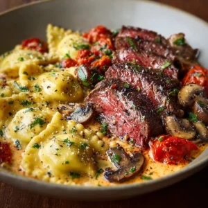 Creamy Tomato Mushroom Ravioli with Seared Steak delights!