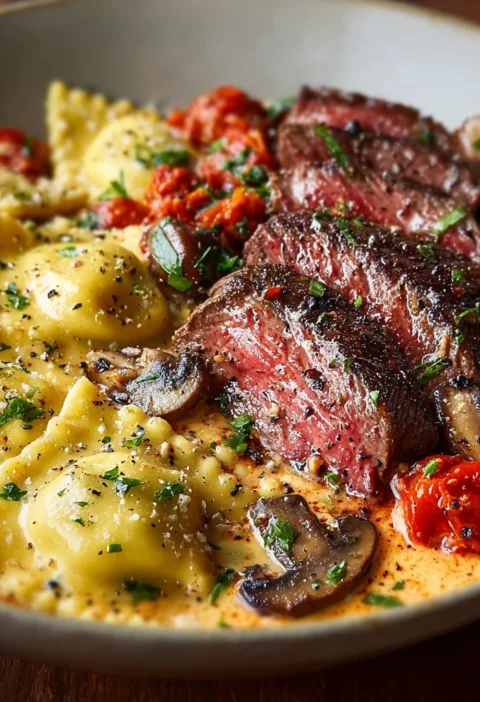 Creamy Tomato Mushroom Ravioli Seared Steak Delights