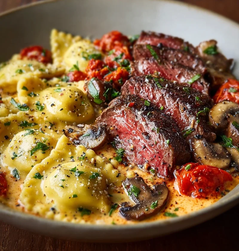 Creamy Tomato Mushroom Ravioli Seared Steak Delights
