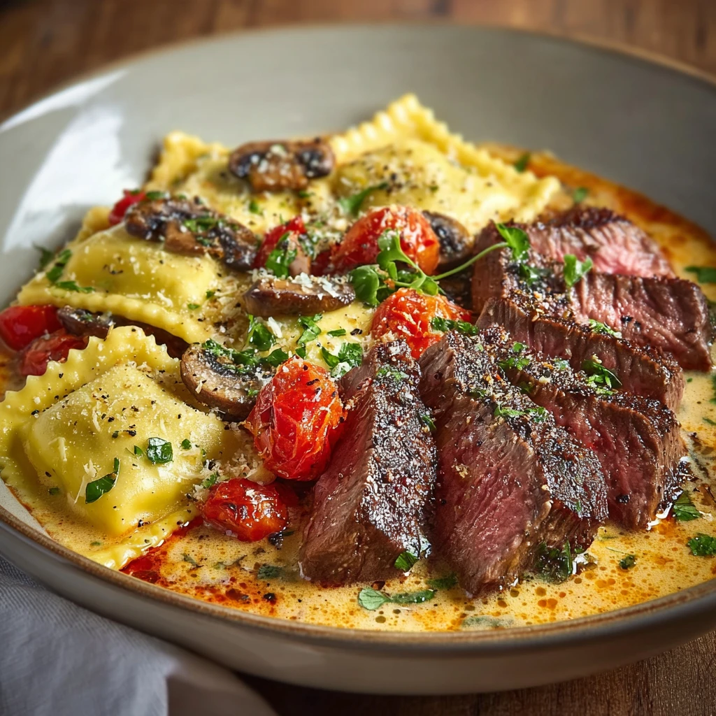 Creamy Tomato Mushroom Ravioli Seared Steak Delights