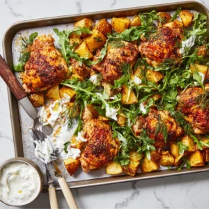 Sheet-Pan Chicken With Potatoes, Arugula and Garlic Yogurt
