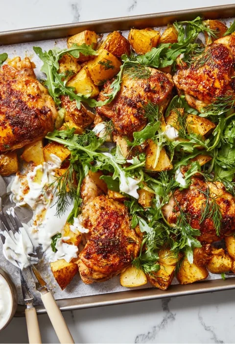 Sheetpan Chicken Potatoes Arugula Garlic Yogurt