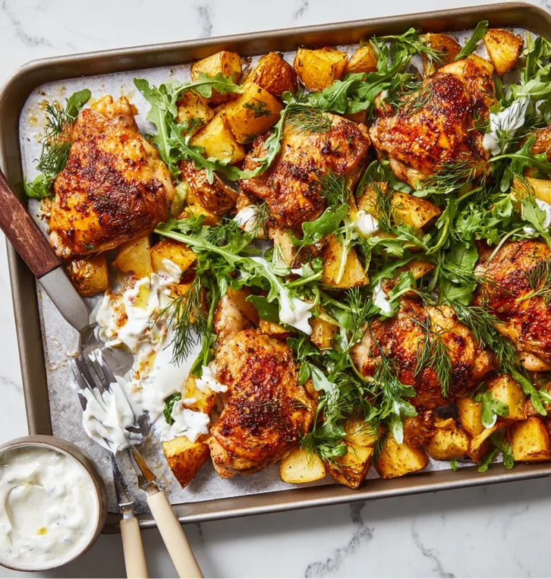 Sheetpan Chicken Potatoes Arugula Garlic Yogurt