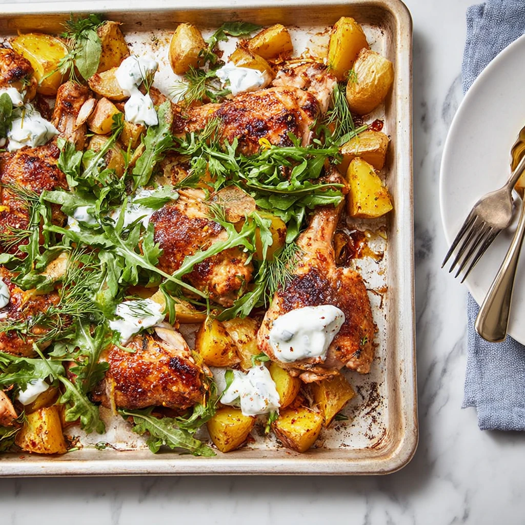 Sheetpan Chicken Potatoes Arugula Garlic Yogurt