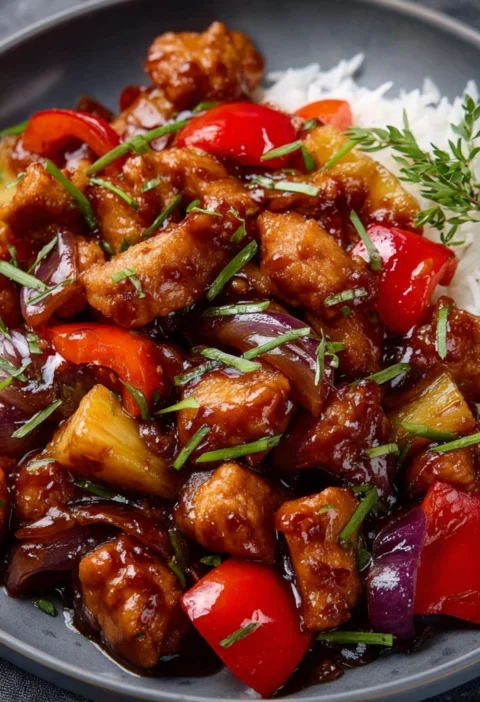Sweet Savory Pineapple Glazed Chicken Stirfry Peppers Onions
