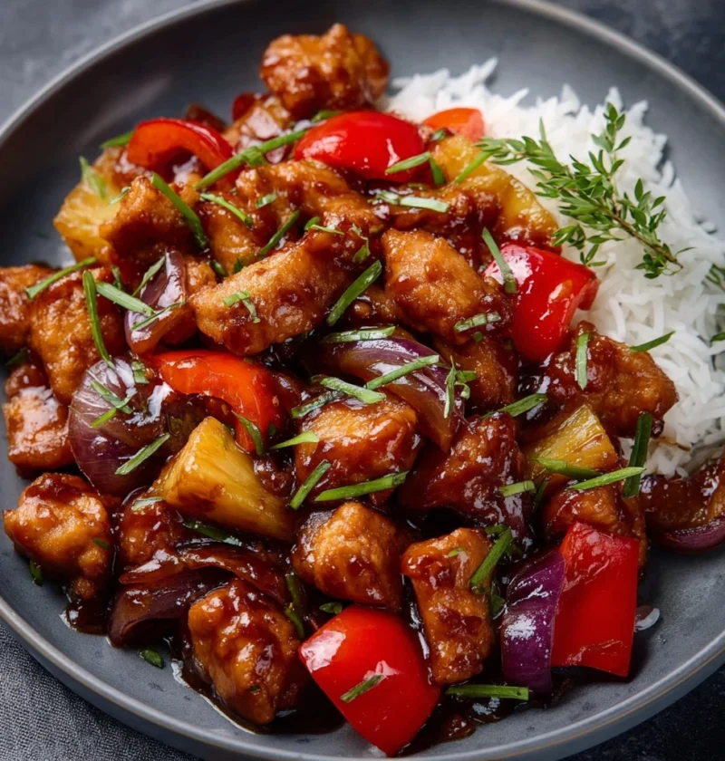 Sweet Savory Pineapple Glazed Chicken Stirfry Peppers Onions