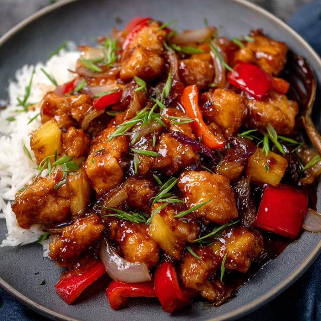 Sweet Savory Pineapple Glazed Chicken Stirfry Peppers Onions