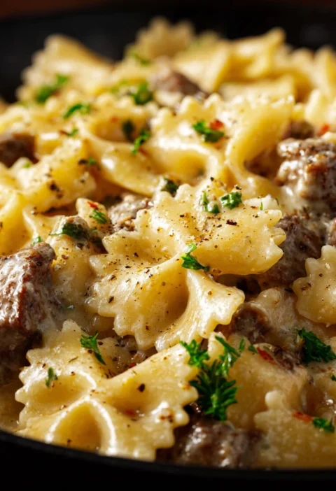 Creamy Parmesan Garlic Beef Bowtie Pasta Cozy Flavorful