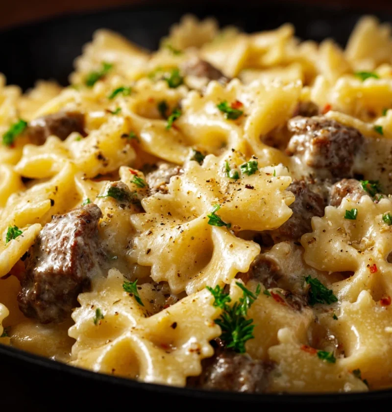 Creamy Parmesan Garlic Beef Bowtie Pasta Cozy Flavorful