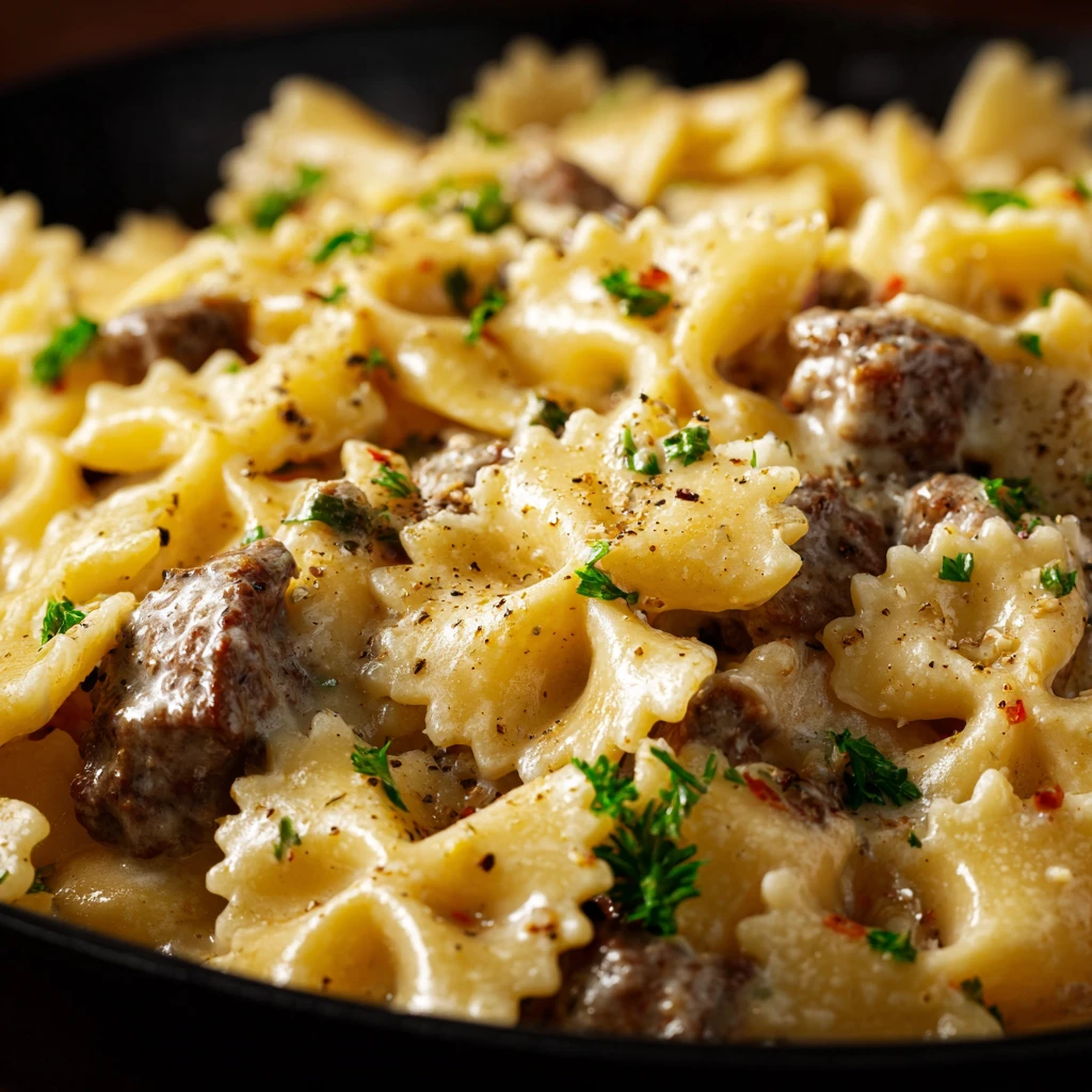 Creamy Parmesan Garlic Beef Bowtie Pasta – A Cozy & Flavorful One-Pot Favorite