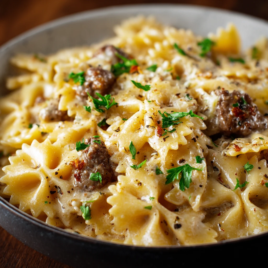 Creamy Parmesan Garlic Beef Bowtie Pasta Cozy Flavorful