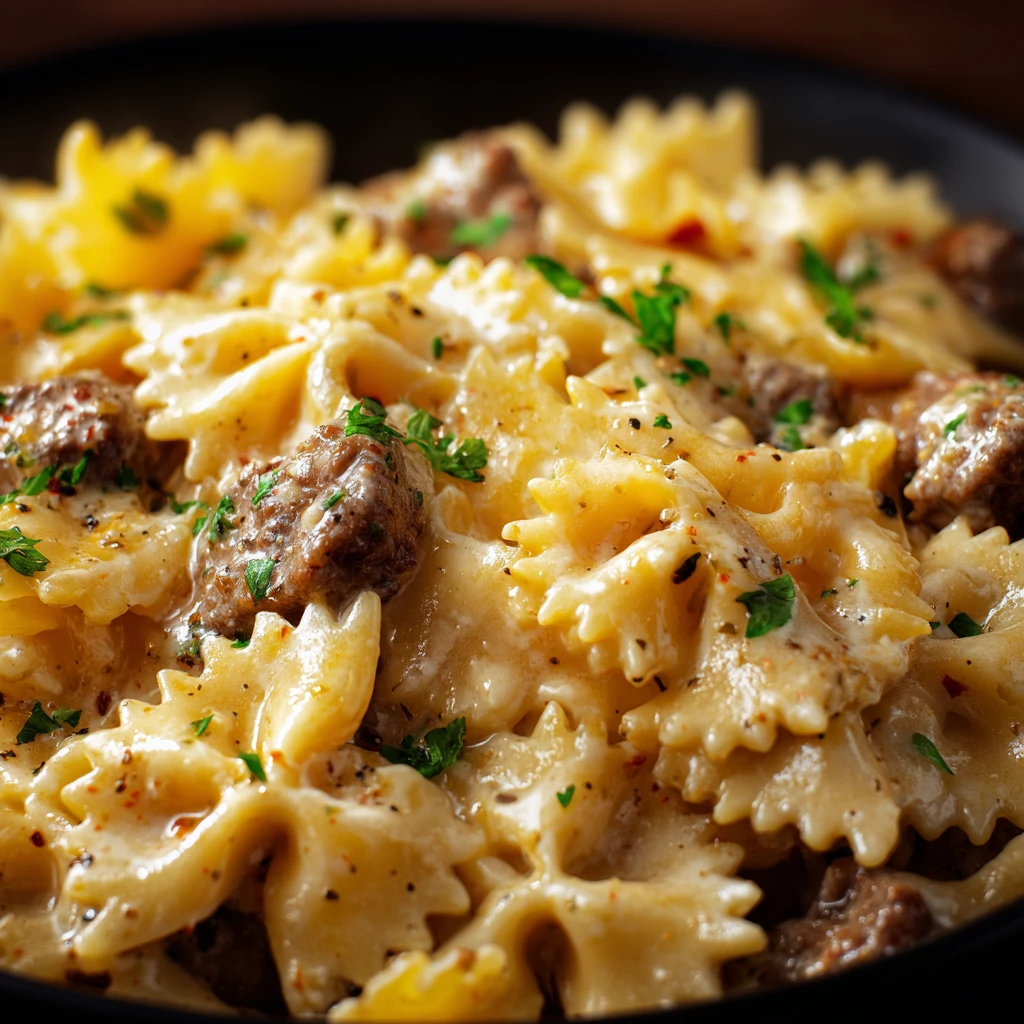 Creamy Parmesan Garlic Beef Bowtie Pasta Cozy Flavorful