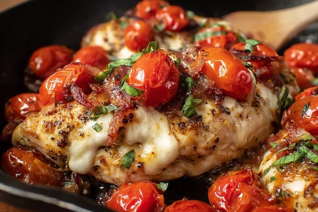 Juicy Caprese Chicken Bake: One-Pan Skillet Delight with Tomatoes and Melted Cheese