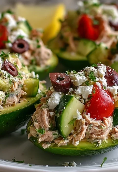 Mediterranean Tuna Salad Stuffed Avocados