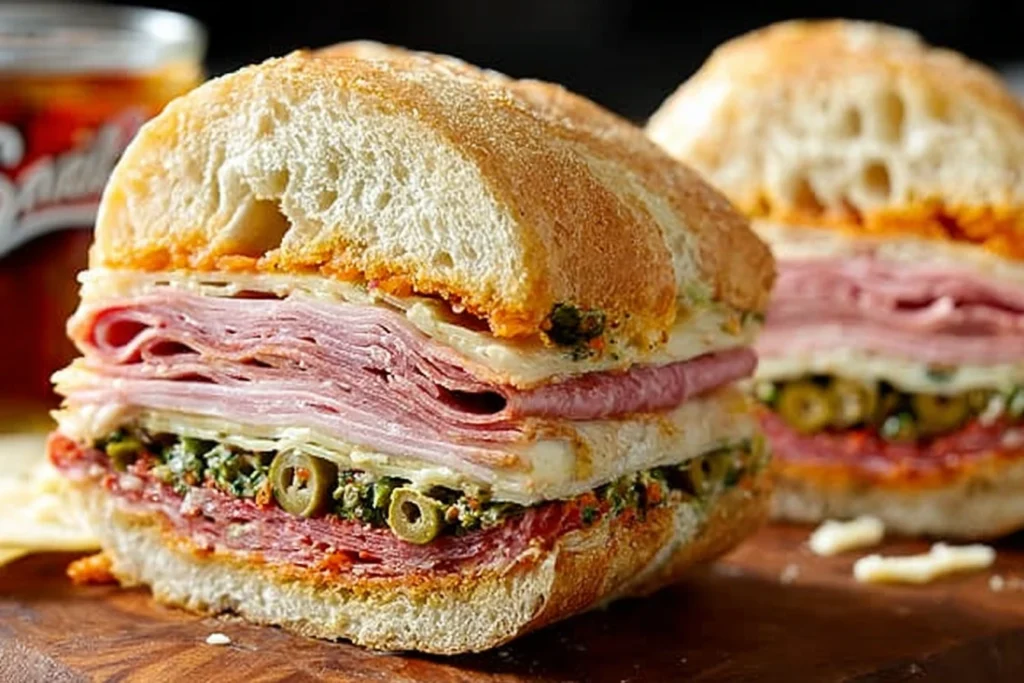 Ultimate Mardi Gras Muffuletta: Stacked Layers of Flavor with Olive Salad & Deli Meats!