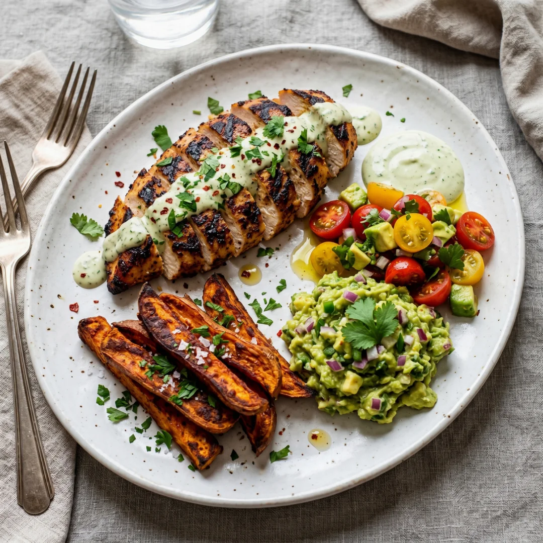 Chicken & Sweet Potato Bowl with Avocado Tomato Salad
