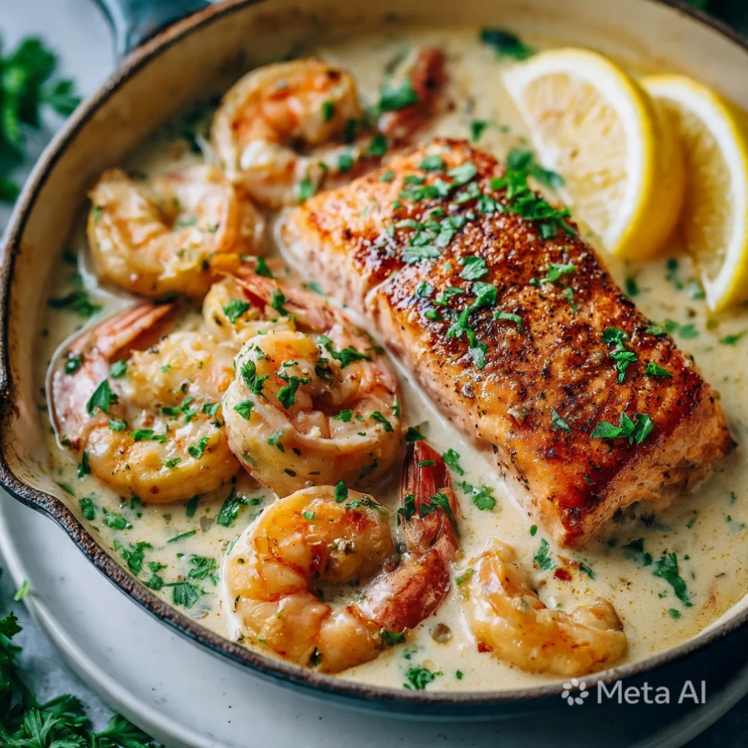 Creamy Garlic Butter Shrimp & Seared Salmon