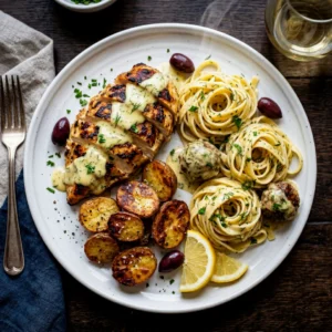 Creamy Herb Chicken with Roasted Potatoes & Lemon Tagliatelle