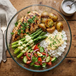 Grilled Herb Chicken Bowl with Asparagus, Rice & Garlic Sauce